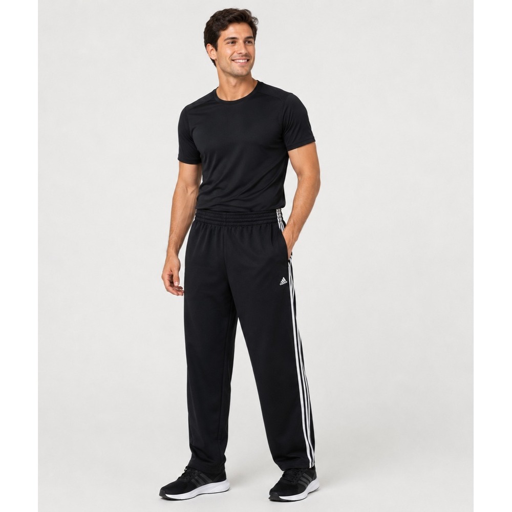 Adidas Athletic Warmup Pants Mens Large Black White Stripe Polyester Drawstring